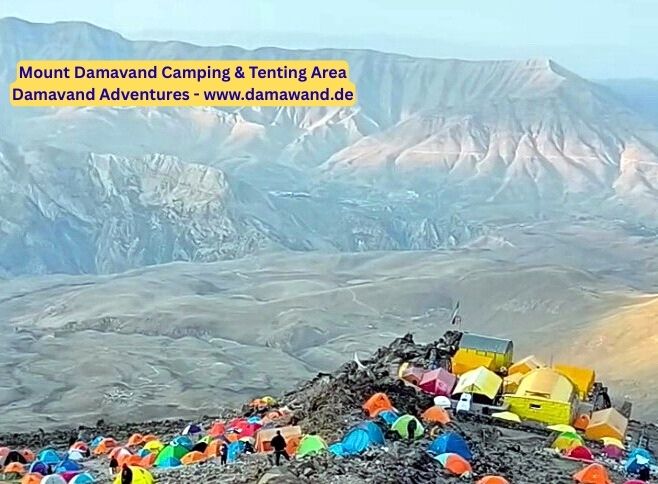 Damavand Camping Sites – Scenic Tenting Area for Climbers Tenting area at Damavand Peak campsite with tents set up in the mountainous landscape
