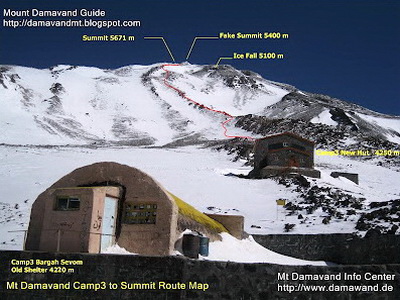 Mount Damavand Camp 3 Bargah Sevom to Summit Route Map